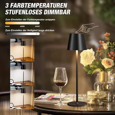 Набір з 2 бездротових настільних світильників LED з акумулятором, сенсорне регулювання яскравості, 3 режими кольору, USB-C зарядка для спальні, столу, кемпінгу (Чорний)