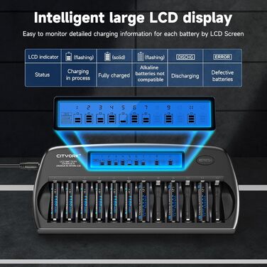 Зарядний пристрій CITYORK для акумуляторів AA/AAA з LCD-дисплеєм, 12 слотів, NI-MH/NI-CD, з розрядом та захистом IC