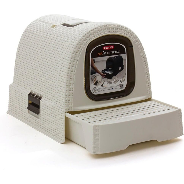 Котячий туалет Curver Petlife з кришкою, лоток для котів з совочком, сучасний дизайн плетіння ротангу, 51,5 x 38,5 x 40 см (слонова кістка)