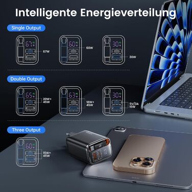 Зарядний пристрій USB-C toocki GaN 67W з LED дисплеєм та вбудованим кабелем для MacBook, iPhone 17 Pro Max, Samsung Galaxy S24 Ultra/S23, Nintendo Switch, ноутбуків та смартфонів - Чорний