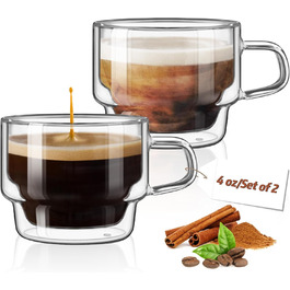 Glastal Stackable Glasses 120ml Espresso Glasses Double-Walled Espresso Cups Glass 2-Piece Set, Double-Walled Coffee Glasses Tea Glasses Espresso Cups Set for Tea, Milk, Gift for Women Men