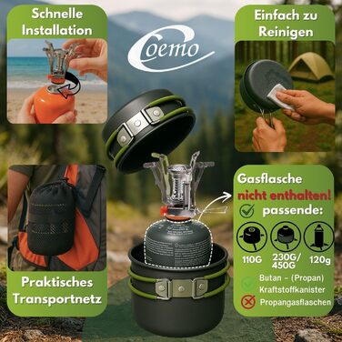 Набір кухонного посуду для кемпінгу Coemo 7 предметів з пальником - набір для приготування їжі на відкритому повітрі з каструлею, сковородою, столовим приладдям та чашкою, зелений M