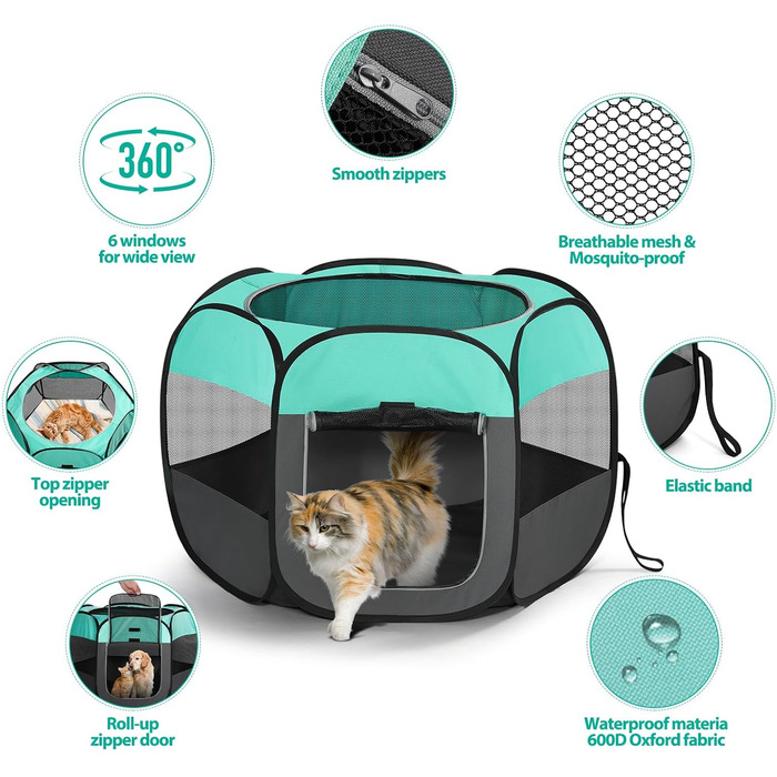 Клітка-забіг для цуценят, вольєр для собак та котів, портативна клітка-забіг для тварин, водовідштовхувальне полотно Oxford, з сумкою для перенесення, для дому, вулиці, кемпінгу (Білий, Зелений, L(110x110x60cm))