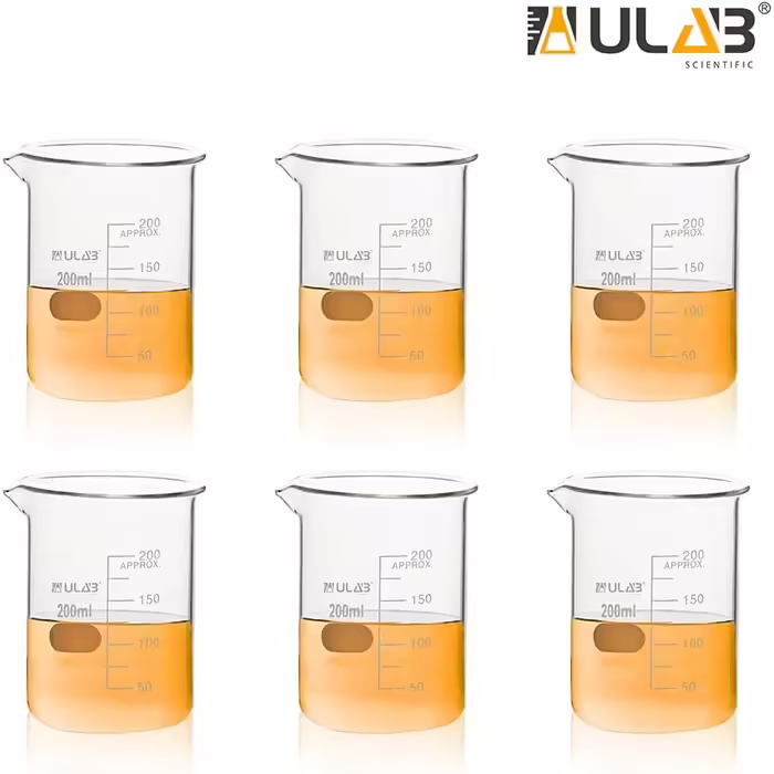 ULAB Scientific Beaker Set, Vol. 200 ml, 3.3 Borosilicate Griffin, Low Form with Printed Scale, 6 Pieces, UBG1022