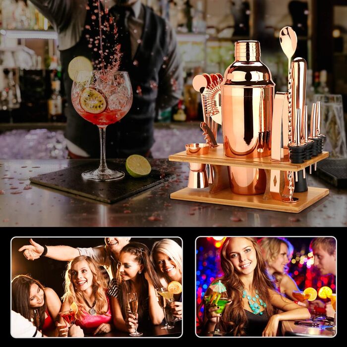 Sovyime Cocktail Set Cocktail Shaker 750ml Bartender Set, 16-Piece Stainless Steel Bar Cocktail Accessories with Wooden Stand, Perfect Home Kitchen Gift for Men Women