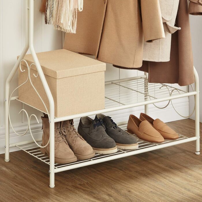 SONGMICS Vintage Style Clothes Rack Wardrobe Clothes Rail with Clothes Rod and 2 Shelves made of Metal 92 x 173 x 41 cm (W x H x D), Cream White, HSR07W