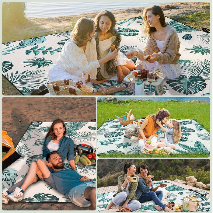 Плед для пікніка HAUSPROFI 200x300 см, водонепроникний, ізольований, зелений з квітковим малюнком. Для пляжу, кемпінгу, з ручкою та кілочками