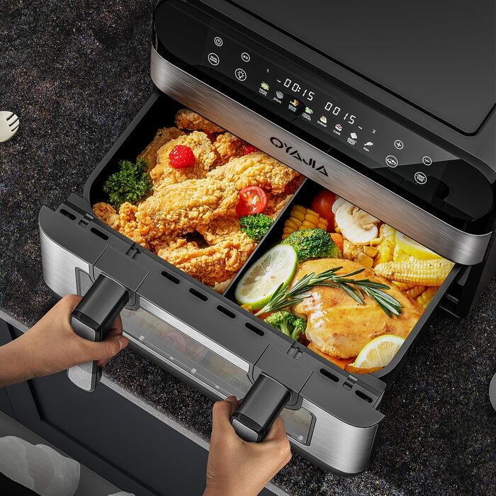 Фритюрниця повітряна з цифровим LED-дисплеєм, 10-в-1, 10 л. Зі скляним вікном, таймером та функцією здорового приготування без олії.