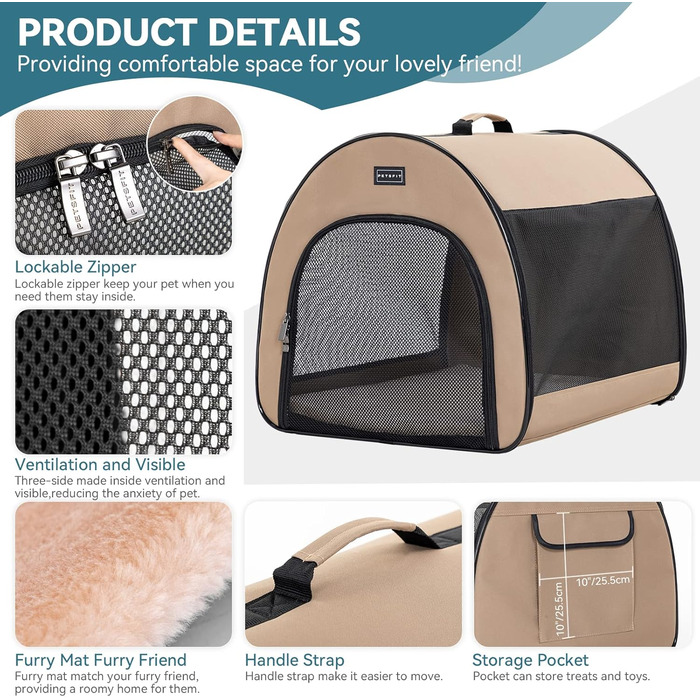 Складана переноска для собак Petfit для маленьких собак і котів, портативна та з гарною вентиляцією, для дому, з вигнутим дахом, переноска-ліжко для собак з анти-відкриваючим блискавкою та подушкою (Хакі, M)