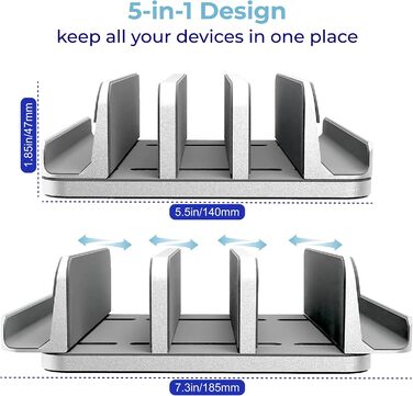 TEFONIA 5-Slot Vertical Laptop Stand - Aluminum Desk Organizer for MacBook, iPad, Tablets & Laptops - Silver