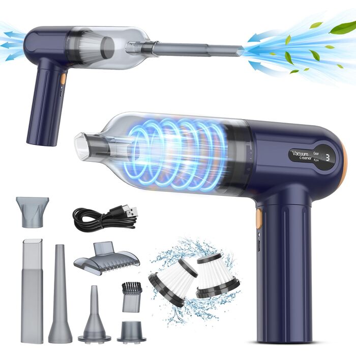 Акумуляторний ручний пилосос Handstaubsauger 15000 Па, 4-в-1, з дисплеєм LED, USB зарядка, для авто, дому, шерсті тварин, блакитний