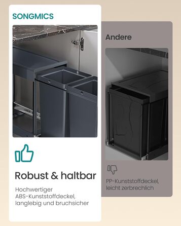 Відро для сміття SONGMICS для кухні з роздільним контейнером, 2 відсіки по 15 л, висувний, сталевий каркас, ABS-кришка (сірий)