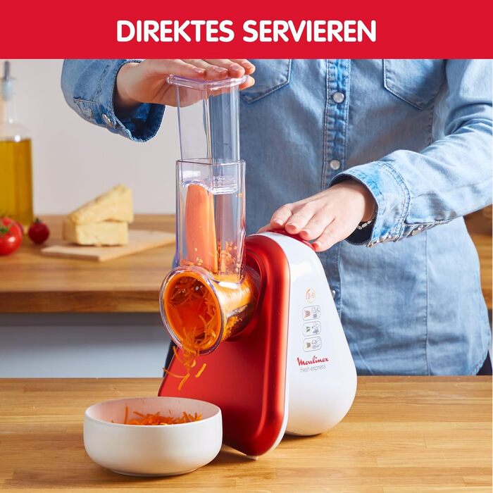 Moulinex DJ756G Fresh Express Plus: електричний овочевий слайсер та тертка, 5 насадок, 200W, червоно-білий