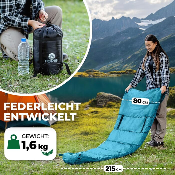 Спальний мішок Foris® Mumienschlafsack: 3-4 сезони, -10-25°C, 80x215 см, водовідштовхувальний, для кемпінгу та фестивалів, блакитний