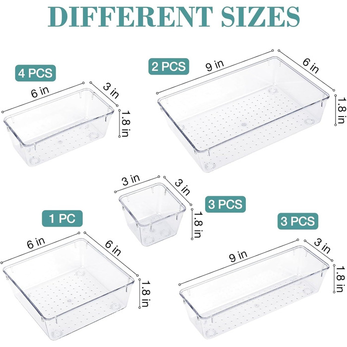 WOWBOX 4-Piece Plastic Drawer Organizer Set, 4 Sizes, Desk Drawer Dividers, Organizer and Storage Containers for Makeup, Jewelry, Bathroom, Office (Transparent, 13)