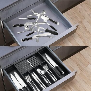 VaeFae Bamboo Cutlery Drawer Organizer Kitchen, Expandable Utensil Organizer with Knife Block, Cutlery Box with Divider, Multifunctional Wooden Drawer Organizer (Black).