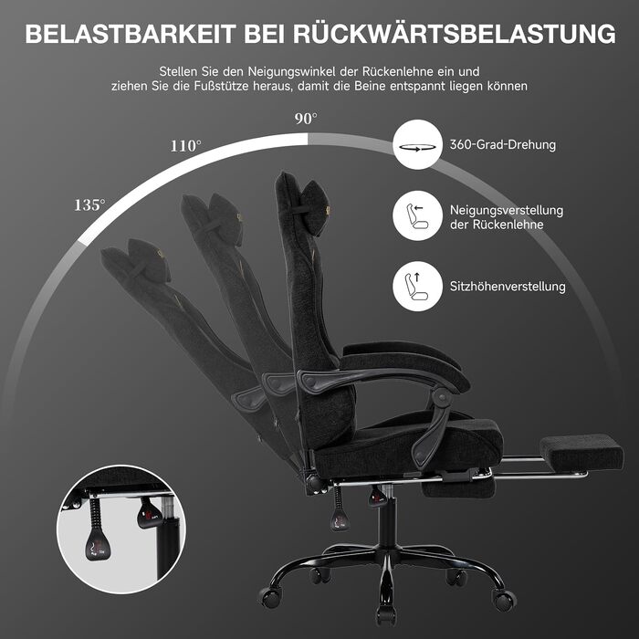 Ігрове крісло SUKIDA Ergonomic з тканини шеніль, з підставкою для ніг, підголівником та поперековою підтримкою, дихаючий матеріал, навантаження до 150 кг, чорне