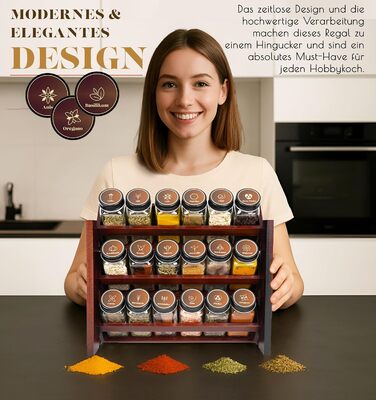 Elegant dark spice rack, wood, standing & wall mounted. 18 SPICE JARS, 25 LABELS. Spice organizer, spice rack, kitchen shelf, wood, vintage. Spice rack - spice rack system hanging - spice storage