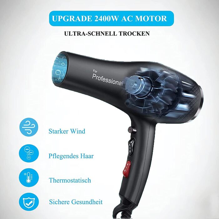 Іонний фен LOEVERY з потужним AC мотором 2400W, дифузором та 3 насадками, для професійного та домашнього використання, чорний