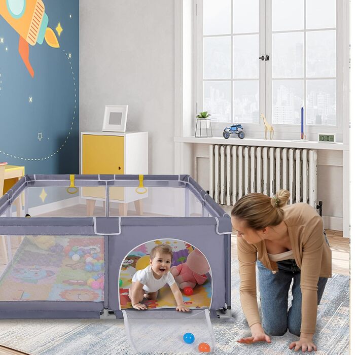 PERSEVERANCE Playpen Baby 127x127cm, Baby Safety Gate with Breathable Mesh, Protective Barrier, Crawling Fence for Children, Safety Play Area