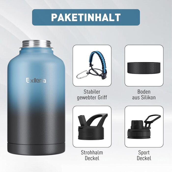 2L Stainless Steel Water Bottle with Straw, Double-Insulated Water Bottle 2 Liter with Two Lids and Protective Silicone Boot, Practical Paracord Handle for Carrying - Gradient Color
