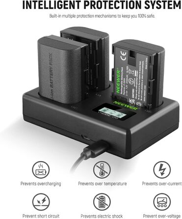 NEEWER LP-E6NH: Запасний акумулятор та зарядний пристрій USB, комплект 3 шт., 2250mAh для Canon EOS R7, R5, R6, R6 II, R, 5DIV, 6DII, 7DII, 80D, 90D