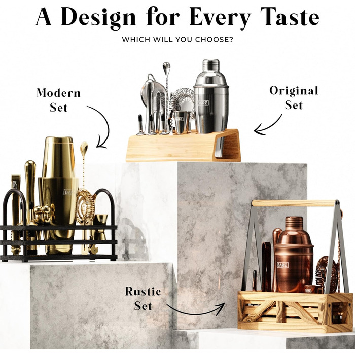Bare Barrel Pro Cocktail Set - 14 Piece Boston Shaker Set with Stand & Recipe Cards (Jet Black) 0.8L