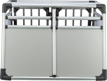 Трійзі Двомісна переносна клітка для собак з алюмінію – переноска для двох собак до 50 кг, 93 × 64 × 83 см, з висувною перегородкою, надійний замок, неслизький килимок – 39345 срібна L 93 x B 83 x H 64 см Двомісна переноска