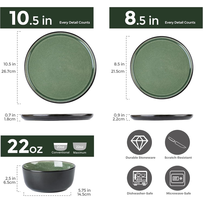 Набір керамічного посуду AmorArc (24 шт.) для 8 осіб: тарілки та миски, реактивна глазур, стійкий до сколів та тріщин, придатний для миття в посудомийній машині та використання в мікрохвильовій печі. Сервіз для 8 осіб (24-teilig), колір: матовий чорний не
