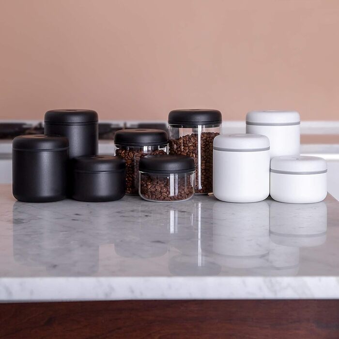 Fellow Vacuum Storage Canisters for Coffee and Food, Integrated Vacuum Pump, Airtight Seal, 1.2 Liter, Matte Black