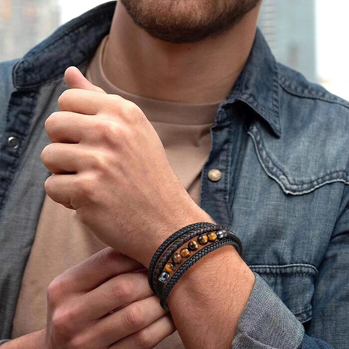 Чоловічий браслет з натурального каменю Тигрове око - шкіряний браслет для чоловіків, подарунок