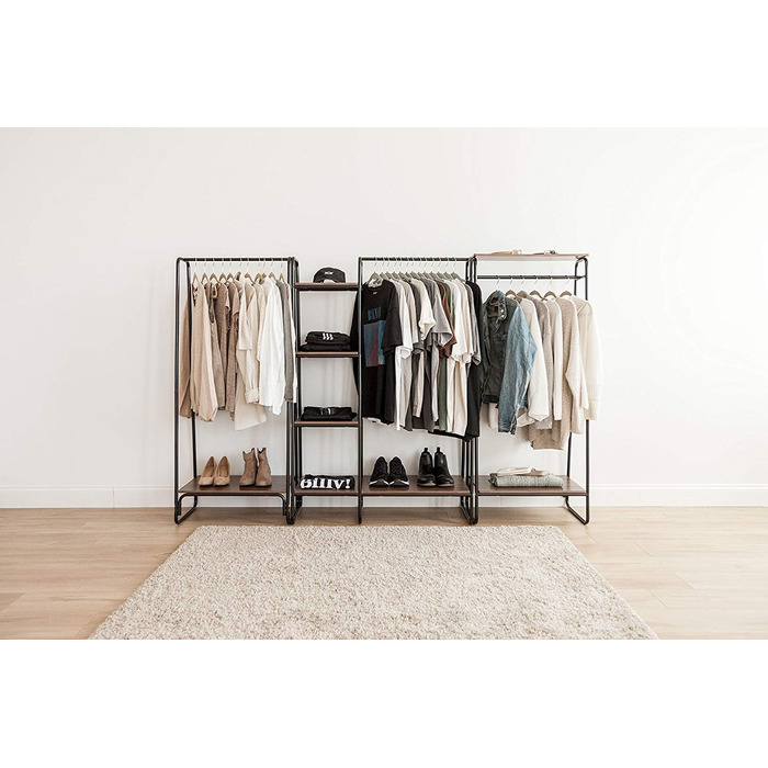 Iris Ohyama Clothes Rack with Wooden Shelves, 4 Levels, White, Modern Design, Robust Frame, Non-Slip, For Bedroom, Studio, Closet, Clothes & Shoes, Laundry Rack, Easy Assembly, (Black, 2 Shelves + Panels)