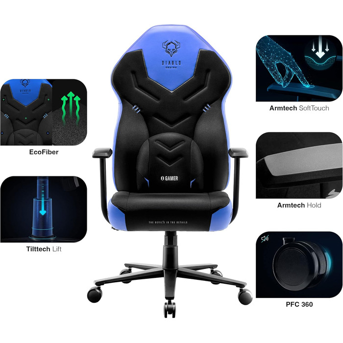 Ігрове крісло Diablo X-Gamer 2.0, ергономічне, тканинне, з поперековою подушкою, чорний-синій, 128x68x55 см