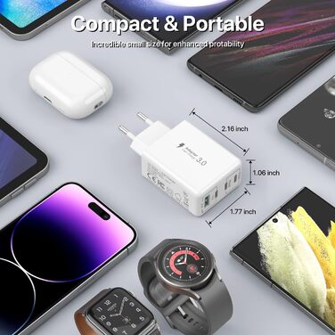 Блок зарядки USB C 40W 4-портовий, Швидка зарядка PD+QC, Багатопортовий для iPhone/Samsung/Tablet, Білий (2 шт. в упаковці)