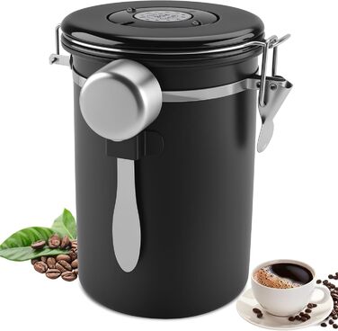 Герметичний контейнер для кави з нержавіючої сталі 304, 1,8 л, з ложкою та індикатором свіжості. Підходить для кави, чаю, горіхів, какао. Чорний колір.