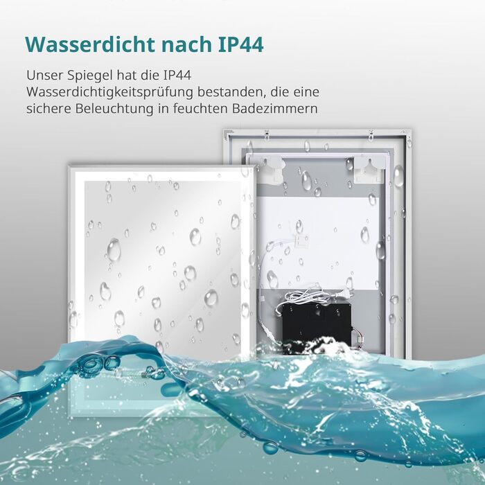 Дзеркало YOURLITE з підсвічуванням, 70x50 см, LED дзеркало для ванної кімнати з сенсорним вимикачем, годинником, 3 кольори світла, регулювання яскравості, запобігання запотіванню, пам'ять налаштувань, срібло