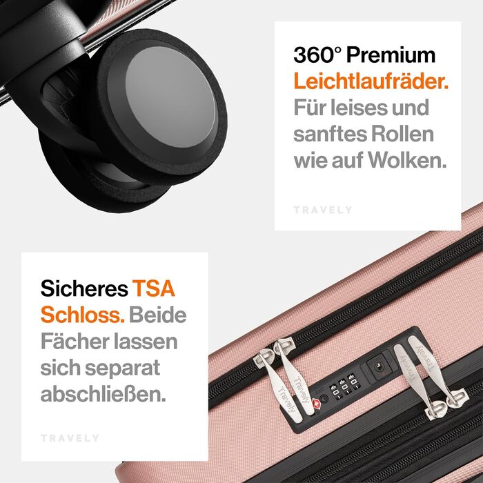 Чемодан Travely з полікарбонату, 77 см, XL, 100 л, з TSA-замком, рожеве золото. Розмір у зібраному вигляді: 158 см.