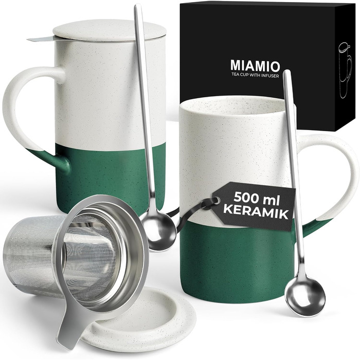 Набір чашок для чаю Miamio 2 шт по 500 мл з кришкою та ситом, керамічні чайники з чайним ситом та ложкою для заварювання листового чаю, подарунок для жінок, безпечні для мікрохвильової печі та посудомийної машини (Темно-зелений)