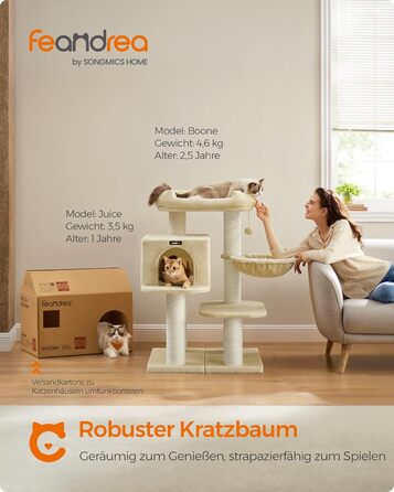 Feandrea Cat Tree for Large Cats, XXL, Heavy-Duty, Cat Tower with 6 Extra Thick Scratching Posts, Large Platform, Cave, Basket, Flexible Assembly, Detachable and Washable Cushions, Beige PCT01M