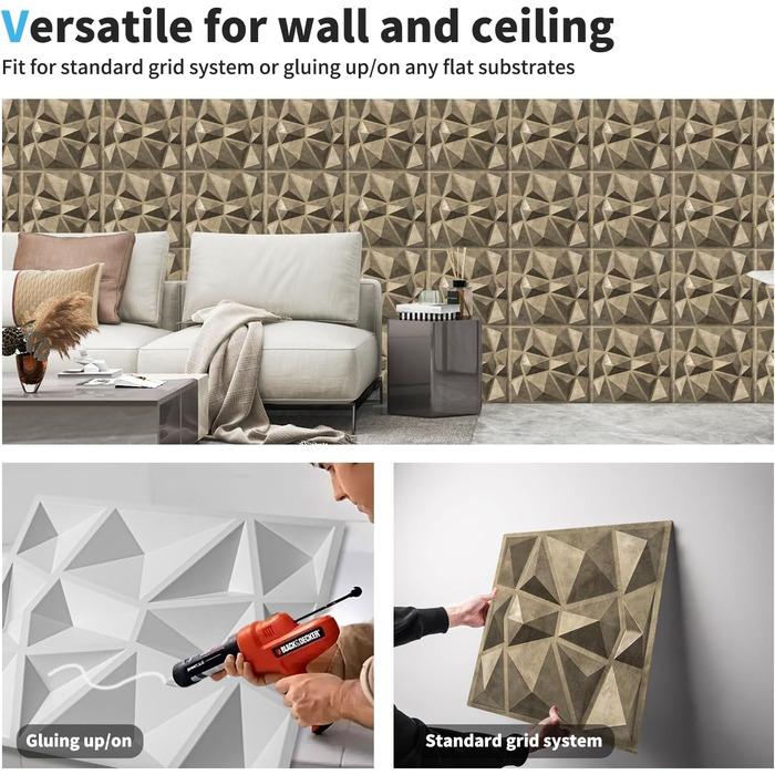 3D панелі для стін Art3d «Діамант», жорсткий ПВХ, водостійкі та термостійкі, 33 шт.