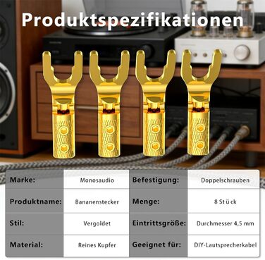 Комплект позолочених роз'ємів-вилок для акустичних кабелів Monosaudio SY1508G, чиста мідь, для кабелів 8-20AWG (до 4мм), 8 шт.