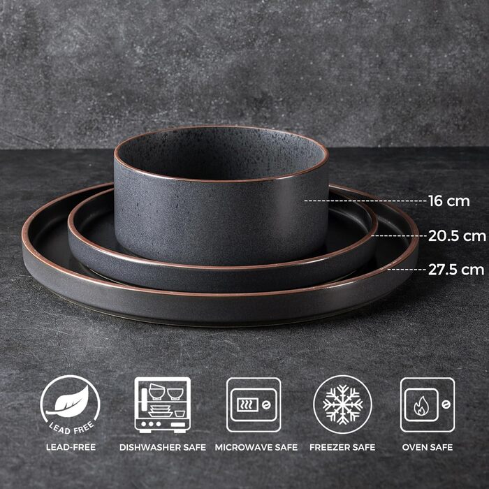 Набір посуду LeRatio на 6 осіб, 18 предметів, керамічний, стійкий до подряпин (антрацитовий сірий колір з коричневим краєм та крапками)