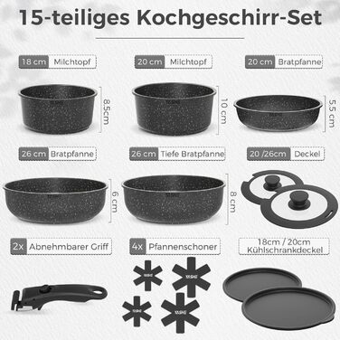 Набір кухонного посуду YASHE 15 предметів: каструлі та сковорідки з гранітно-посудовій поверхні, знімні ручки, складаний, легко миється, сумісний з індукцією, газом та склокерамікою, білий (сірий)