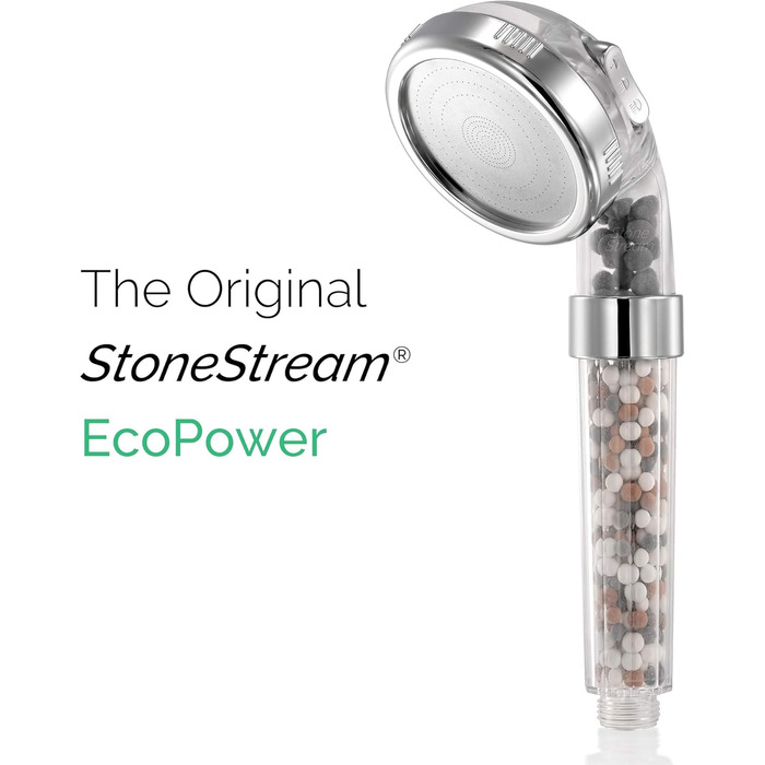 Original StoneStream Showerhead, Eco Power High-Pressure Water Softener, Filtered Handheld Shower with Spa-Like Ion Beads for Dry Skin and Hair – 3 Spray Settings (3-in-1 Set (all shower types))