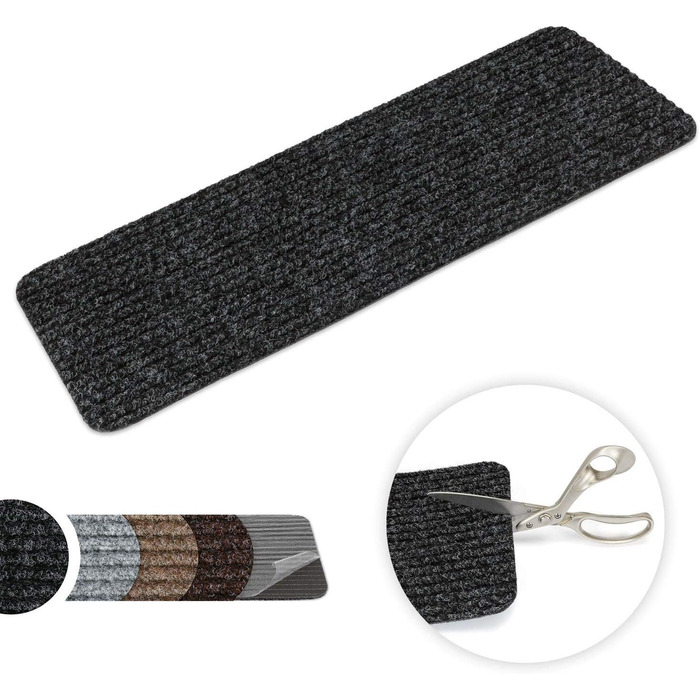 Kettelservice-Metzker Stair Mat, Stair Carpet, Tulus Rectangle Non-Slip Mat, Self-Adhesive, 60x25cm, Anthracite, 20 Pieces