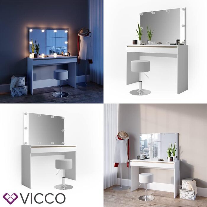 Туалетний столик Vicco Emma, білий/сонома, 120 см, без дзеркала, косметичний стіл для макіяжу