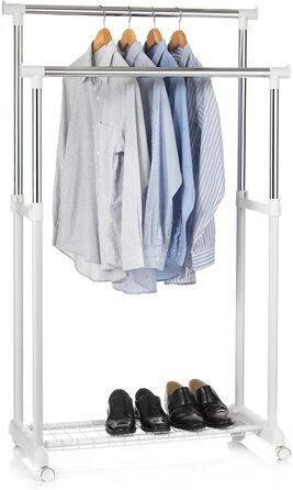 IDIMEX Wardrobe Trolley Grosso Clothes Rack Rolling Wardrobe Clothes Stand, with Shoe Shelf, 2 Clothes Rails, Height Adjustable, Chrome-Plated Metal Tube, in White