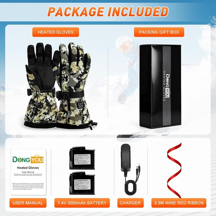 Греючі рукавиці для чоловіків та жінок, 7.4V 3000mAh, акумулятор, сенсорний екран, для катання на лижах, кемпінгу, їзди на велосипеді, 3 рівні нагріву
