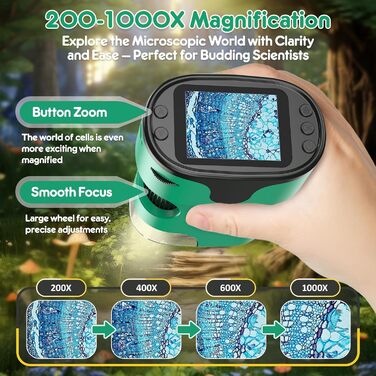 Дитячий цифровий мікроскоп 1000X Handy з 4K екраном: перезаряджається, портативний, USB, для вивчення трихом. Науковий набір з предметними скельцями, ідеальний подарунок для дітей 4-12 років.