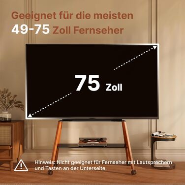 Підставка для телевізора ECOTINY на колесах для 49-75 дюймів, до 40 кг, Easel Design, металева конструкція та полиця з дерева, чорна